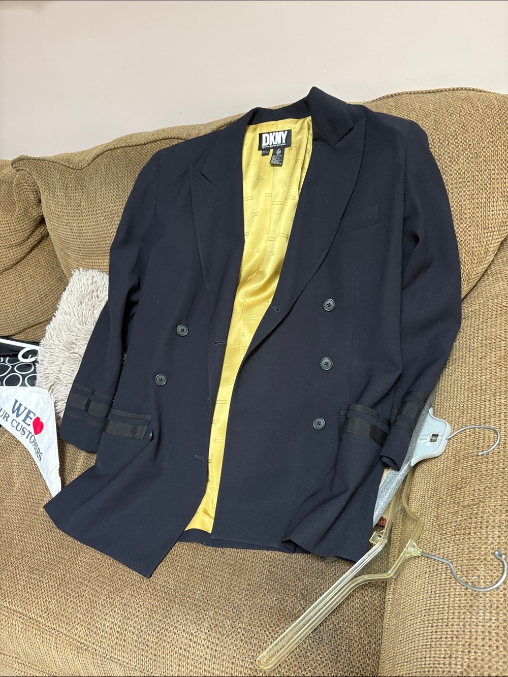 DKNY Womens Double-Breasted Black Pea Coat with Gold Lining.